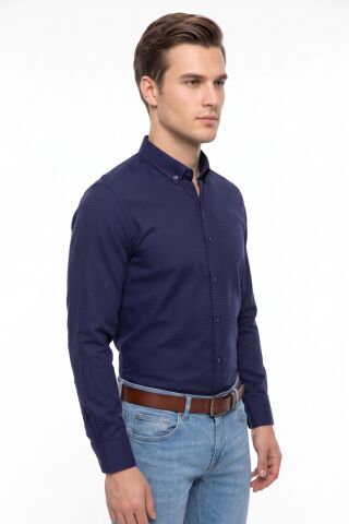 Erkek Slim Fitt Uzun Kol Petek Dokulu Gömlek BGL-ST05628 LACİVERT - XL