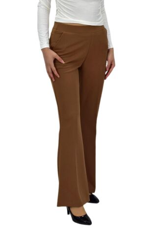 Kadın İspanyol Paça Beli Lastikli Kumaş Pantolon BGL-ST04321 TABA - 52
