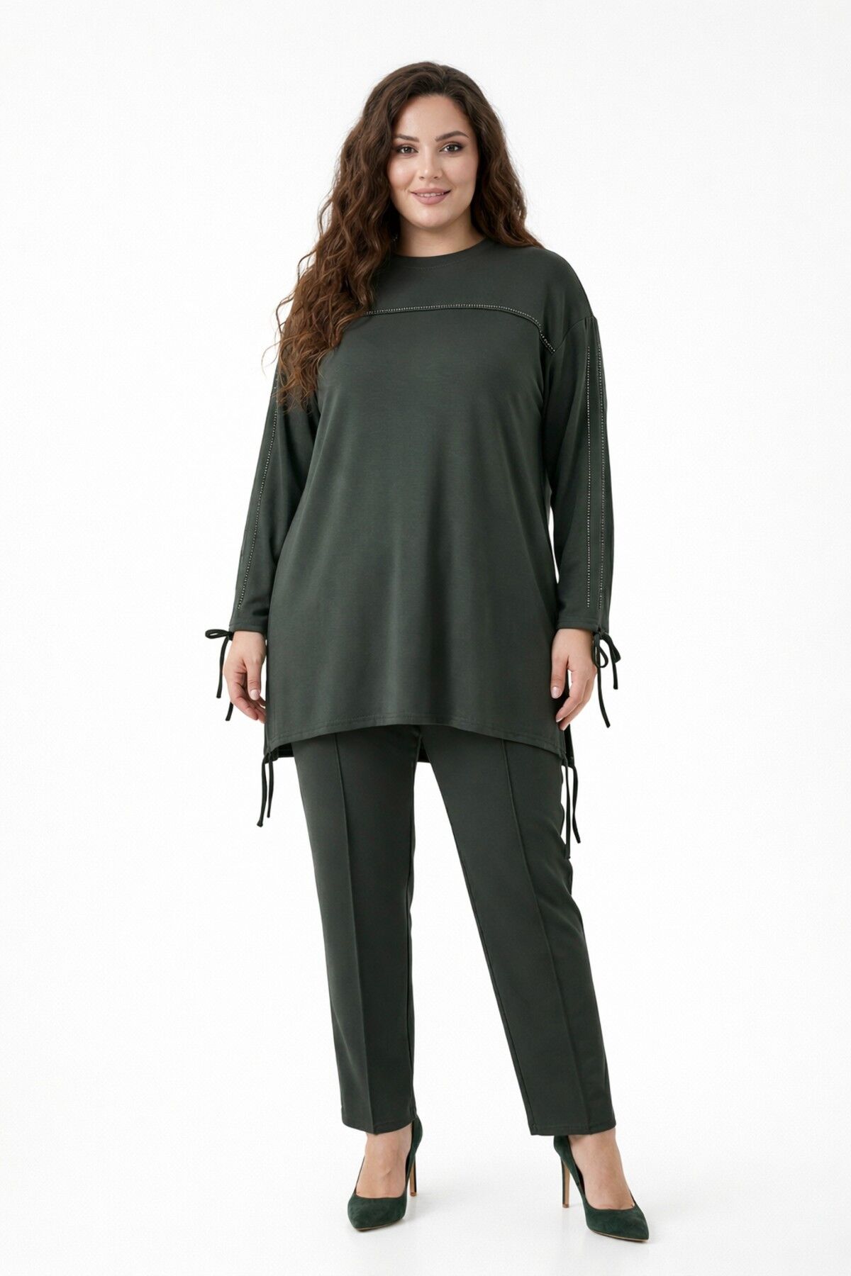 Kadın Taşlı Tunik Pantolon Takım  BGL-ST05429 YEŞİL - XL