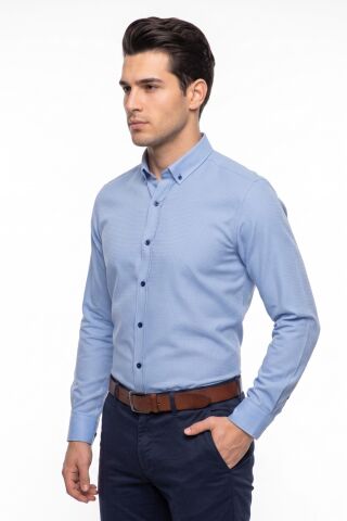 Erkek Slim Fitt Uzun Kol Petek Dokulu Gömlek BGL-ST05628 MAVİ - L