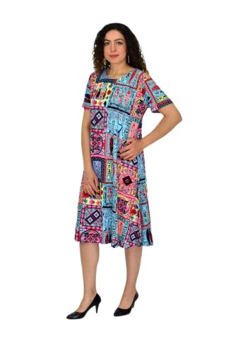 Kadın Kısa Kol Likralı Viskon Elbise BGL-ST04671 MAVİ - XL