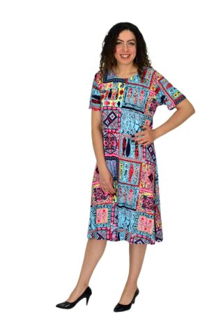Kadın Kısa Kol Likralı Viskon Elbise BGL-ST04671 MAVİ - XL