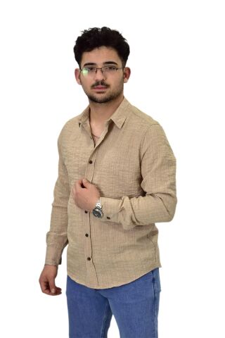 Erkek Spor Silim Fit Uzun Kol Gömlek G5011 BGL-ST04495 BEJ - S