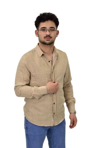 Erkek Spor Silim Fit Uzun Kol Gömlek G5011 BGL-ST04495 BEJ - S