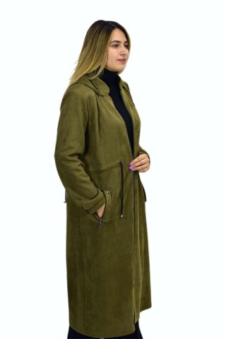 Kadın Kışlık Cepli Fermuarlı Kapüşonlu Süet Kap Tunik BGL-ST03306 HAKİ - 52