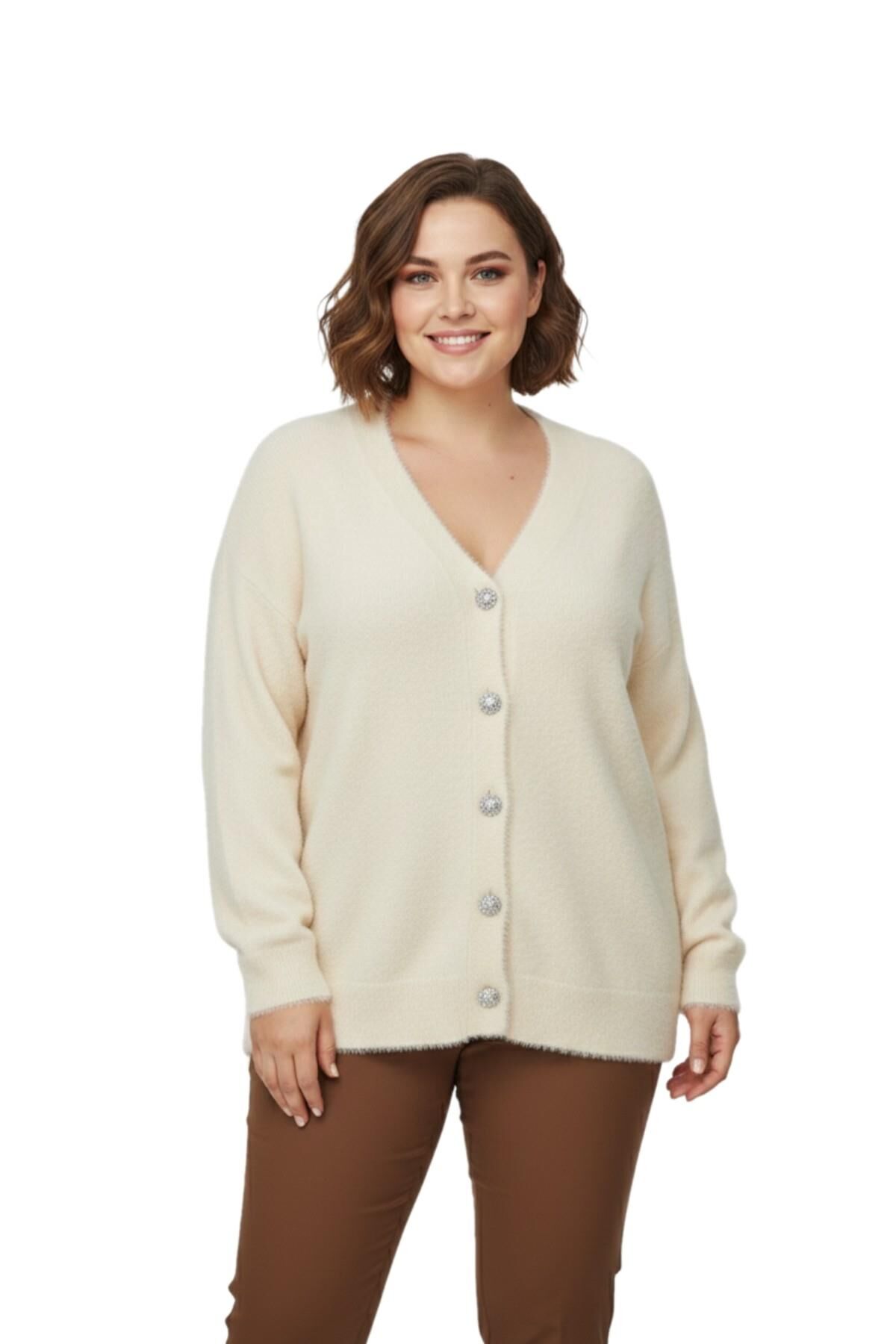 Kadın Triko Düğmeli Hırka 24153 BGL-ST04067 EKRU - L/XL