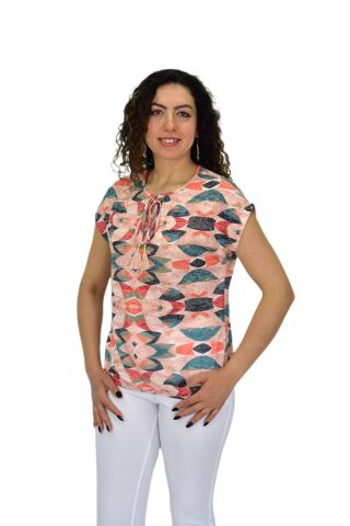 Kadın Kısa Kol Baskılı Bluz BGL-ST04693 TURUNCU - L