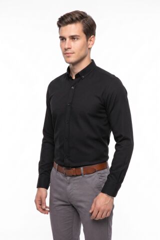 Erkek Slim Fitt Uzun Kol Petek Dokulu Gömlek BGL-ST05628 SİYAH - XL