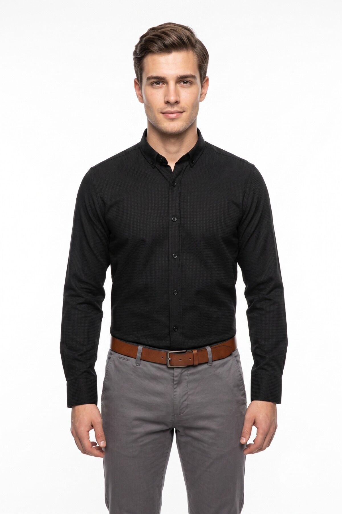 Erkek Slim Fitt Uzun Kol Petek Dokulu Gömlek BGL-ST05628 SİYAH - 2XL