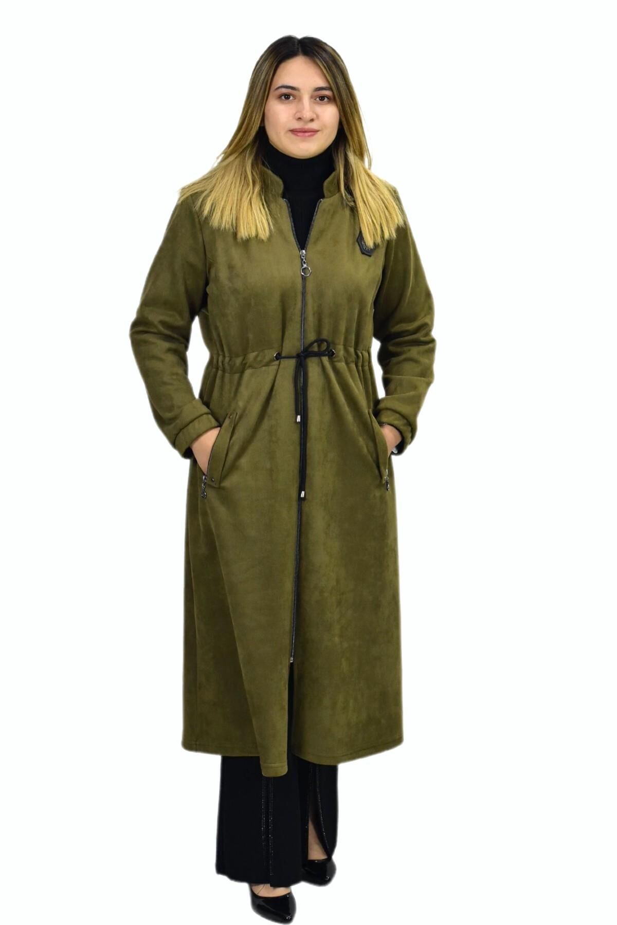 Kadın Kışlık Cepli Fermuarlı Kapüşonlu Süet Kap Tunik BGL-ST03306 HAKİ - 52