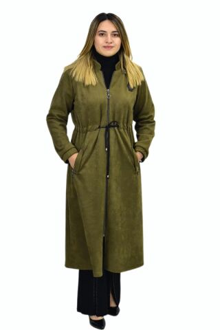 Kadın Kışlık Cepli Fermuarlı Kapüşonlu Süet Kap Tunik BGL-ST03306 HAKİ - 52