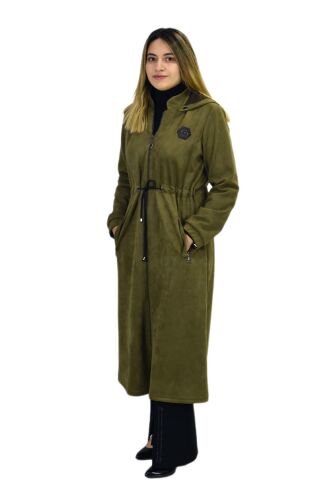 Kadın Kışlık Cepli Fermuarlı Kapüşonlu Süet Kap Tunik BGL-ST03306 HAKİ - 52