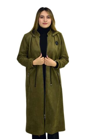 Kadın Kışlık Cepli Fermuarlı Kapüşonlu Süet Kap Tunik BGL-ST03306 HAKİ - 52