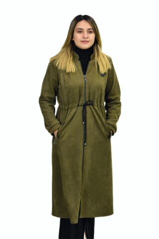 Kadın Kışlık Cepli Fermuarlı Kapüşonlu Süet Kap Tunik BGL-ST03306 HAKİ - 52