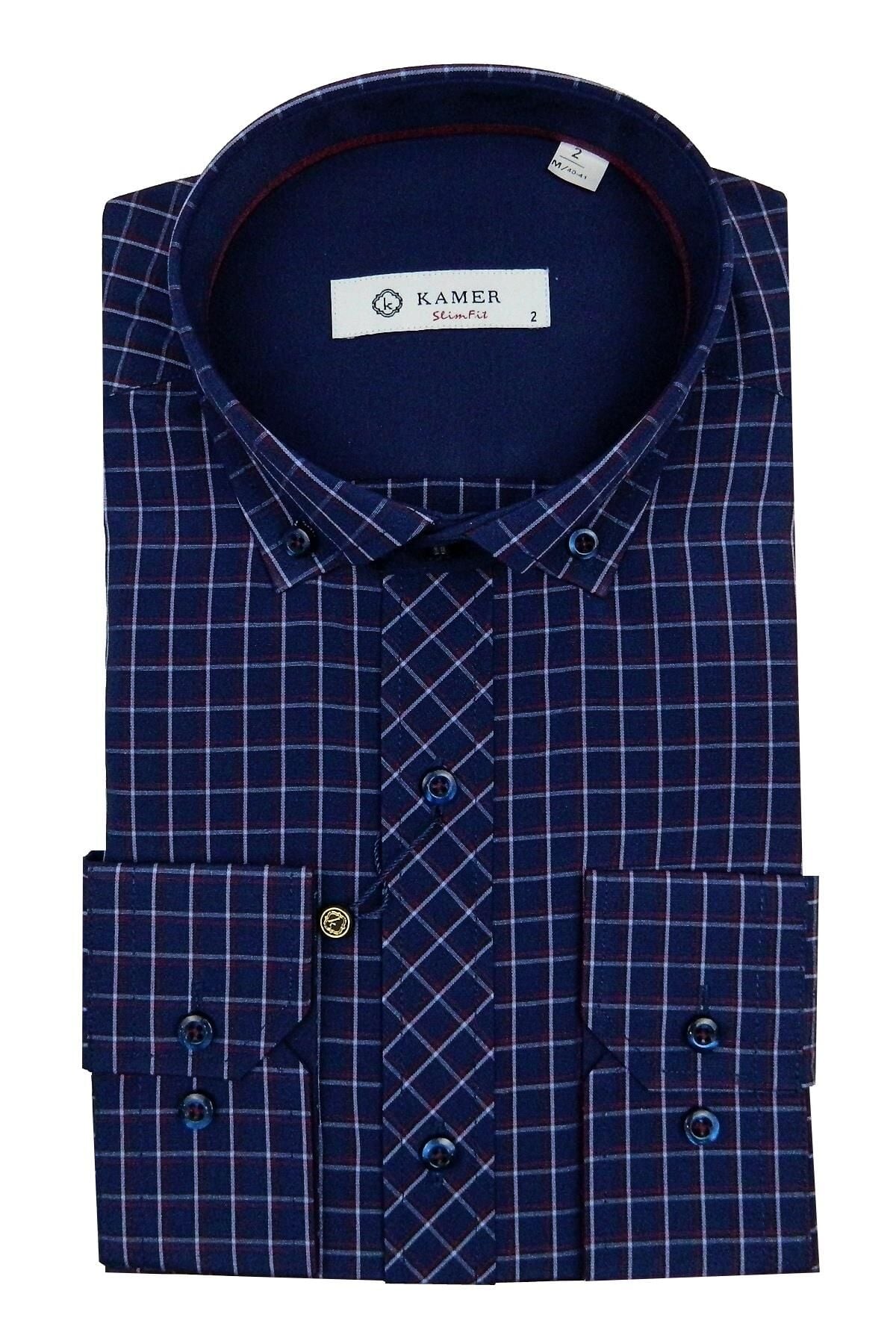 Erkek Slim Fit Gömlek Ekose 9451 009451 LACİVERT - S