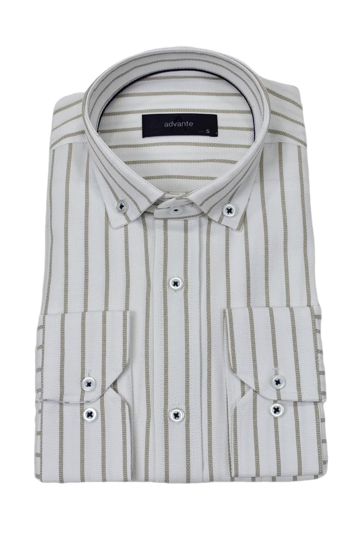 Erkek Klasik Çizgili Tek Cepli Gömlek BGL-ST03907 BEJ - S