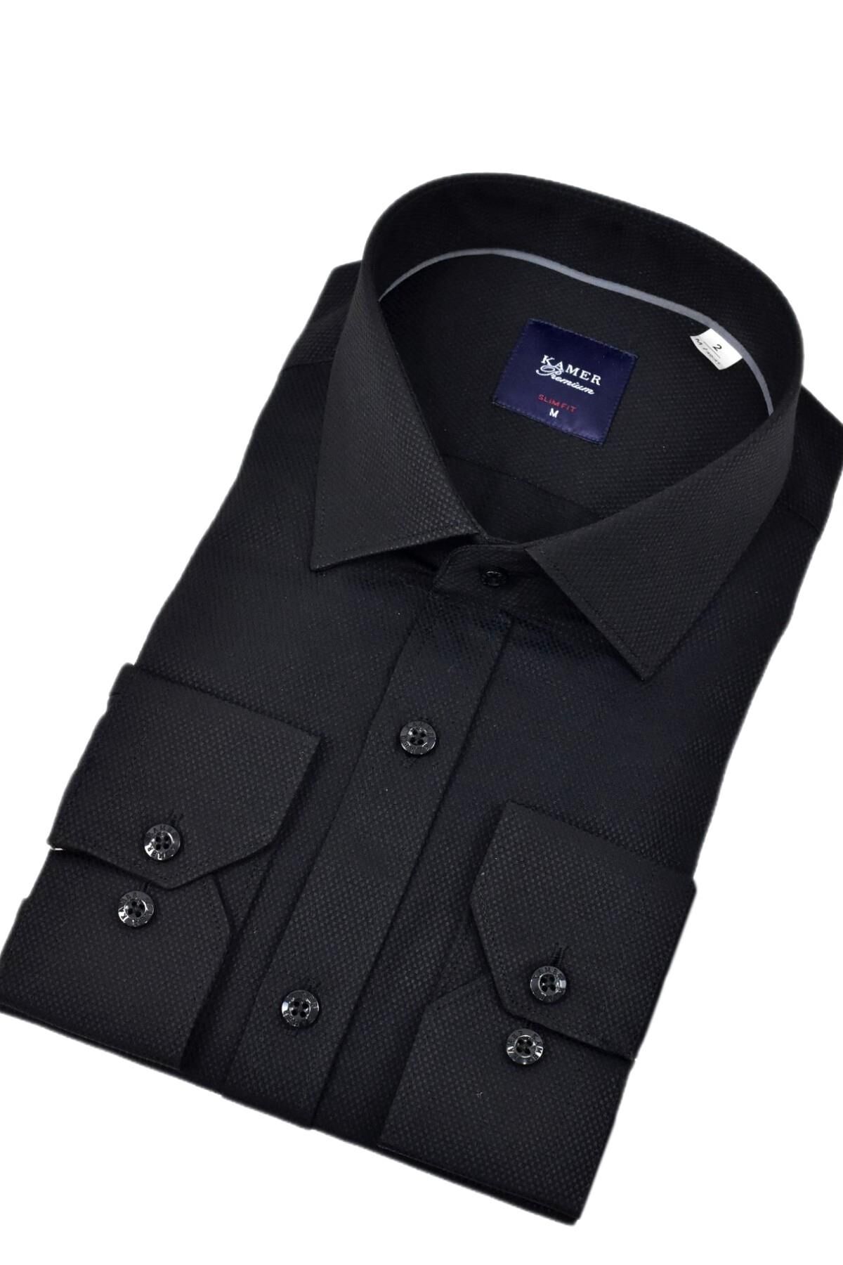 Erkek Slim Fitt Armürlü Uzun Kol Gömlek 2413 BGL-ST04383 SİYAH - 2XL