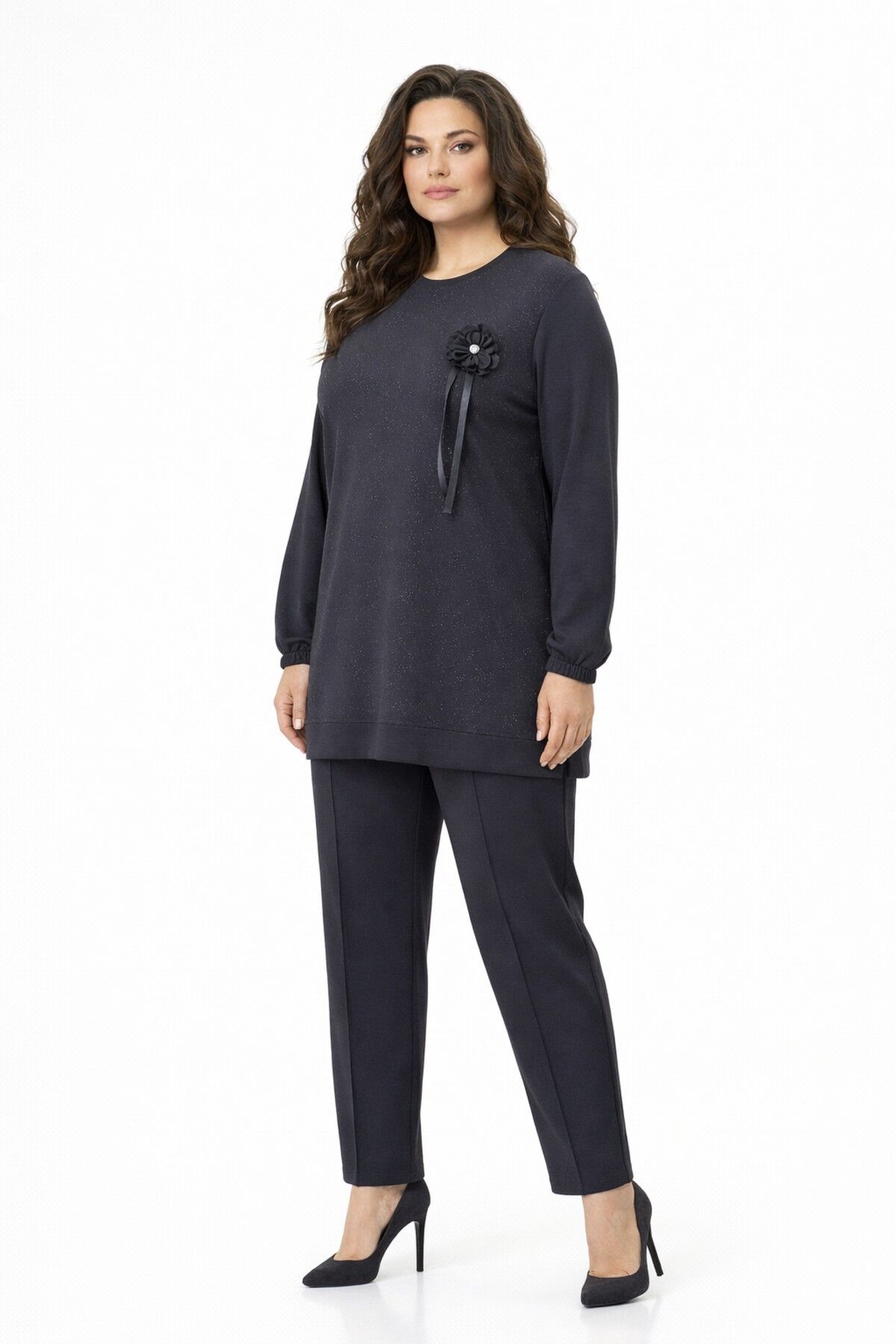 Kadın Simli Tunik Pantolon Takım  BGL-ST05428 FÜME - L