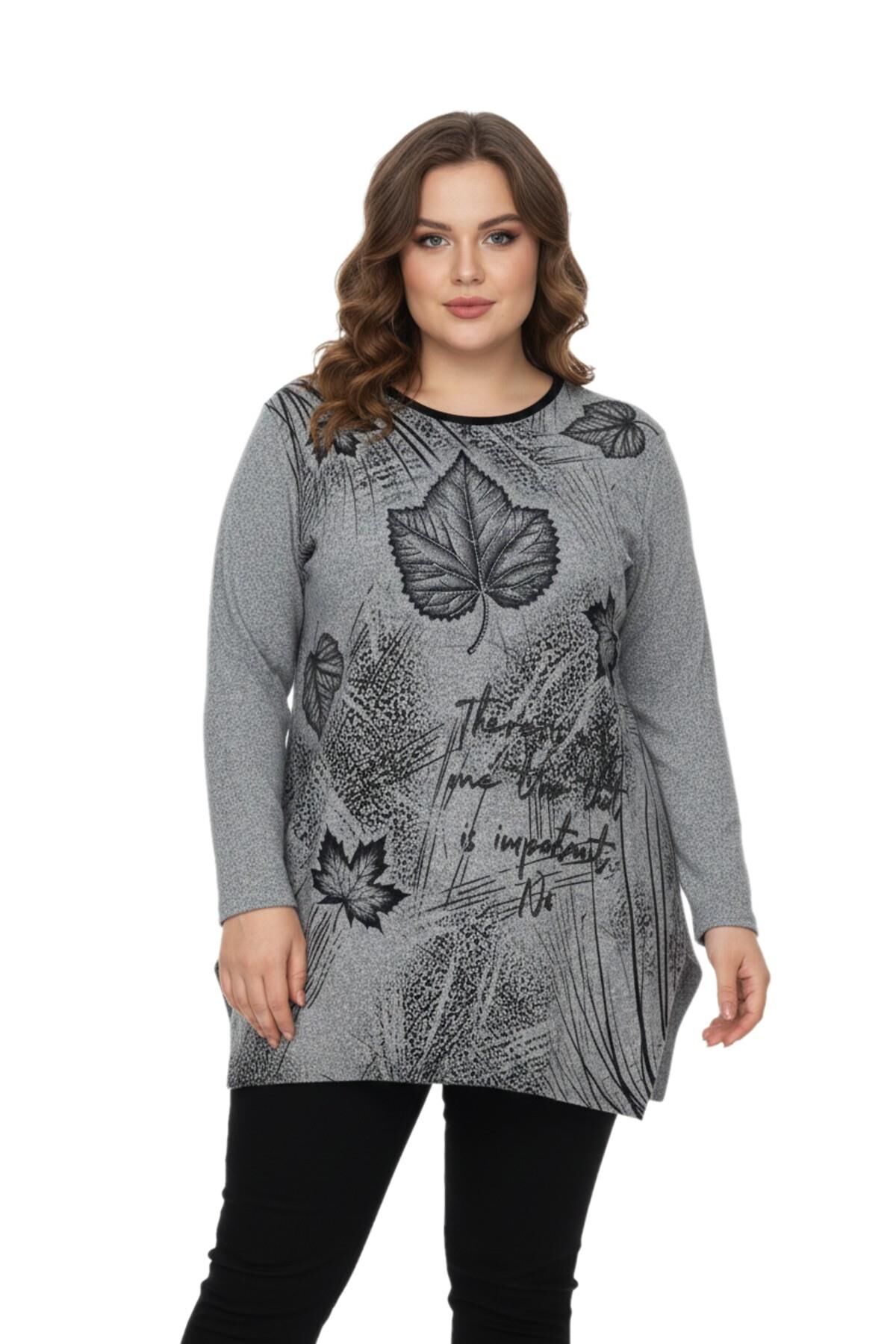 Kadın Yumoş Taşlı Baskılı Tunik BGL-ST05070 GRİ - XL