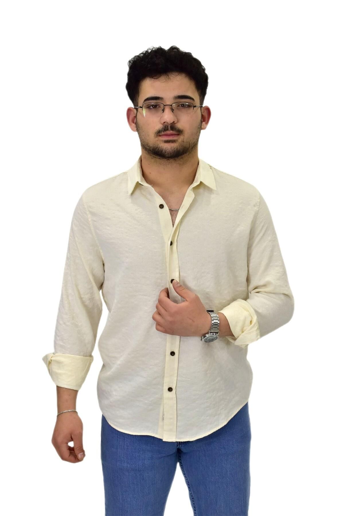 Erkek Spor Silim Fit Uzun Kol Gömlek G5011 BGL-ST04495 KREM - 2XL