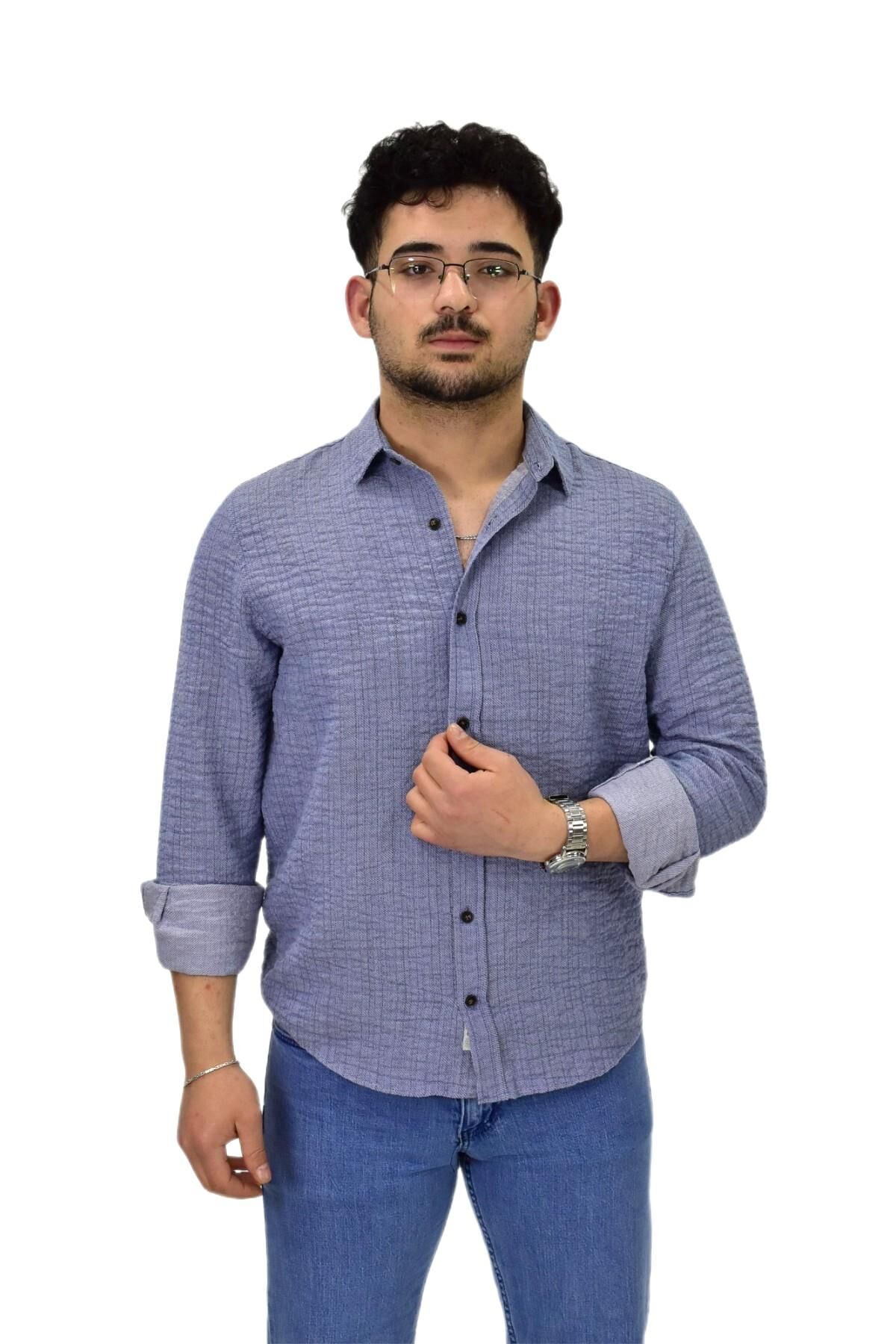 Erkek Spor Silim Fit Uzun Kol Gömlek G5011 BGL-ST04495 MAVİ - S
