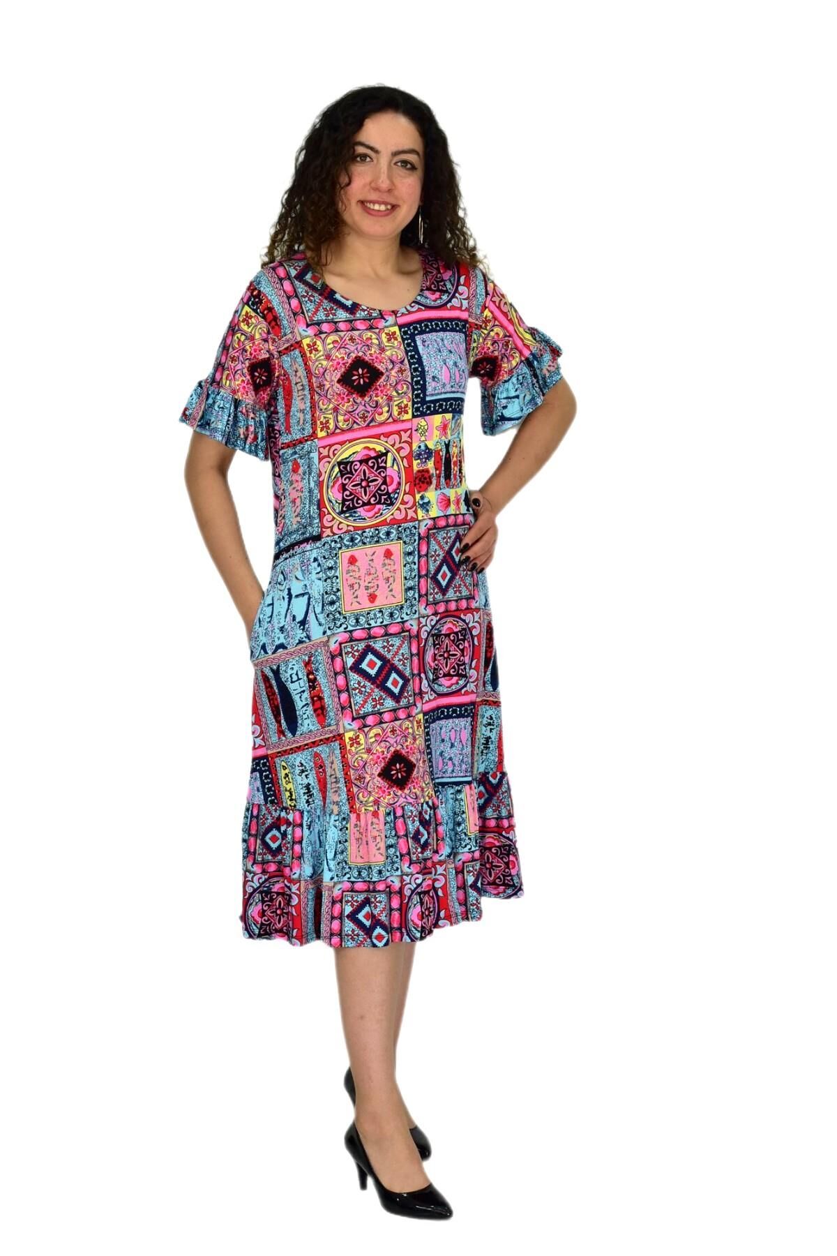 Kadın Kısa Kol Etek Valonlu Likralı Viskon Elbise BGL-ST04672 MAVİ - 2XL