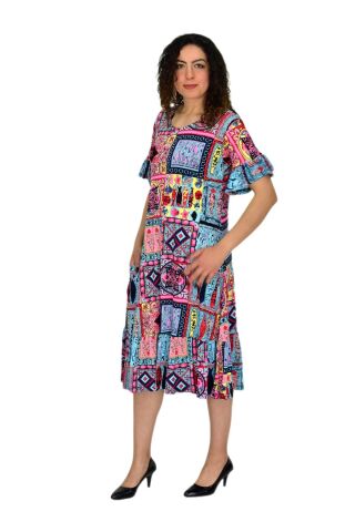 Kadın Kısa Kol Etek Valonlu Likralı Viskon Elbise BGL-ST04672 MAVİ - 2XL