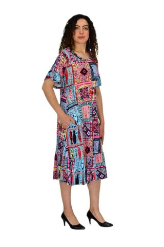 Kadın Kısa Kol Etek Valonlu Likralı Viskon Elbise BGL-ST04672 MAVİ - 2XL