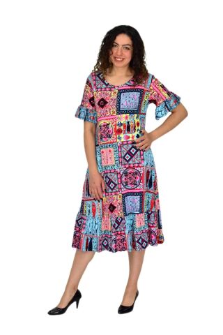 Kadın Kısa Kol Etek Valonlu Likralı Viskon Elbise BGL-ST04672 MAVİ - 2XL