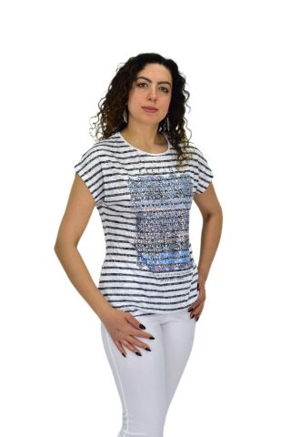 Kadın Kısa Kol Baskılı Bluz BGL-ST04696 BEYAZ - 2XL