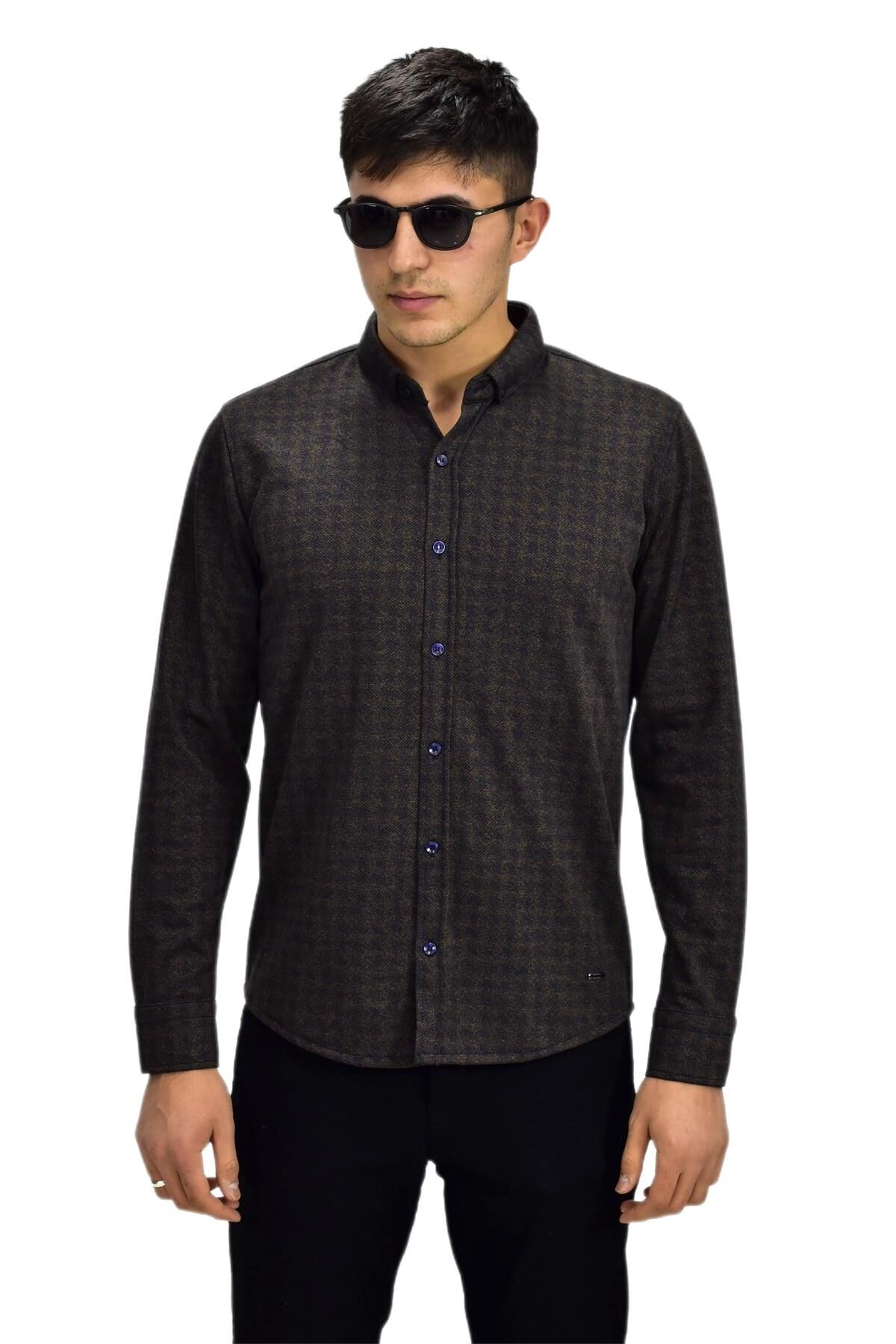 Erkek Spor Jakarlı Uzun Kol Gömlek R6490 BGL-ST03203 KAHVE - XL