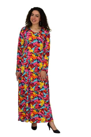 Kadın Uzun Kol Likralı Viskon Elbise BGL-ST04673 KIRMIZI - 5XL