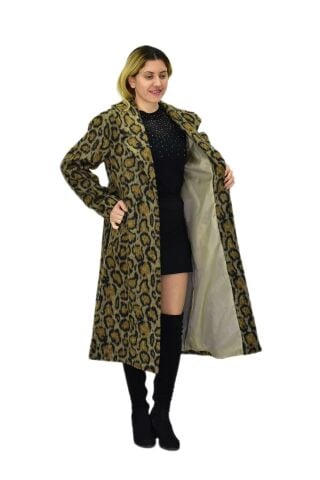 Kadın Leopar Desenli Uzun Kaşe Kaban BGL-ST04064