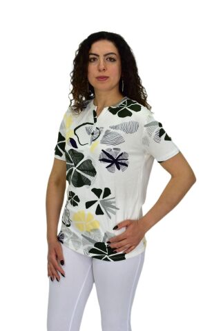 Kadın Kısa Kol Baskılı Bluz BGL-ST04697 KREM - 2XL