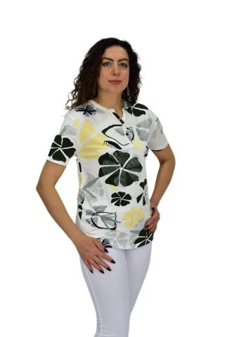 Kadın Kısa Kol Baskılı Bluz BGL-ST04697 KREM - 2XL