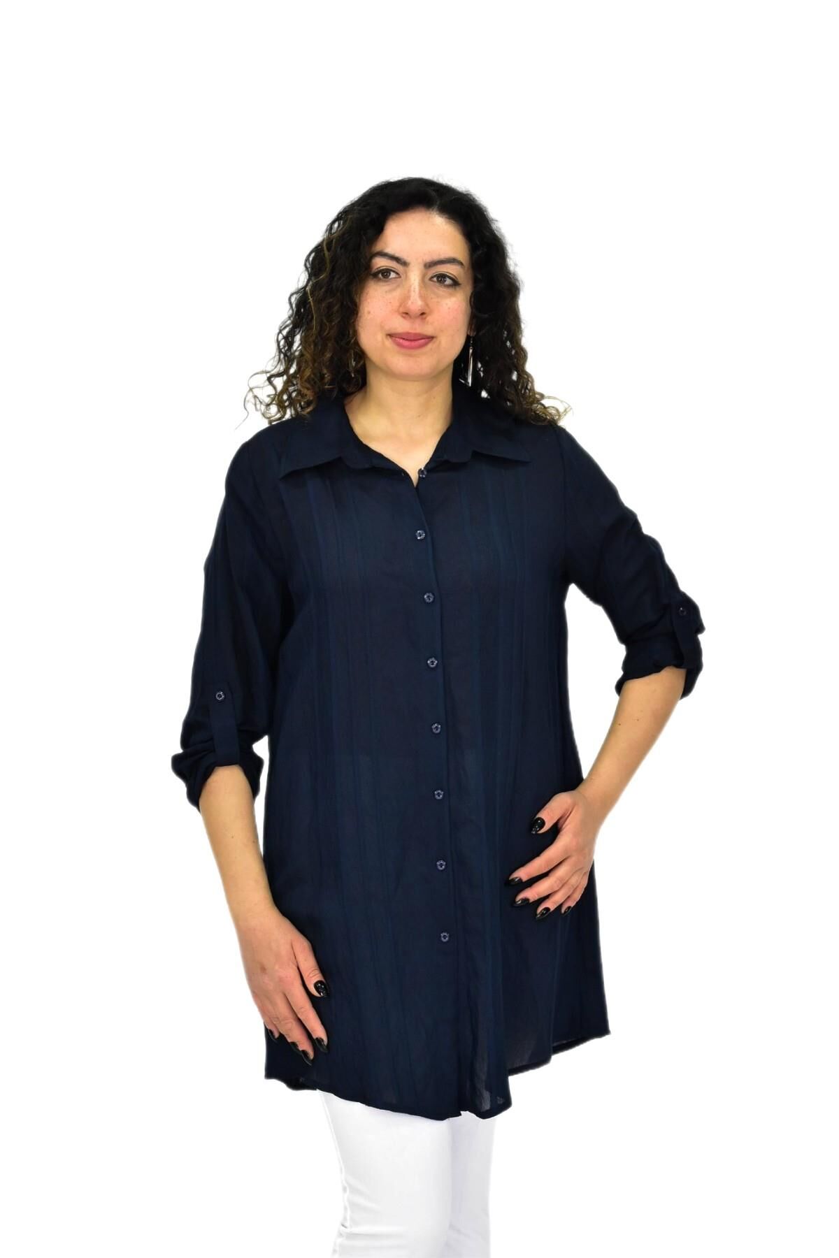 Kadın Lacivert Uzun Kol Gömlek BGL-ST04661 LACİVERT - 3XL
