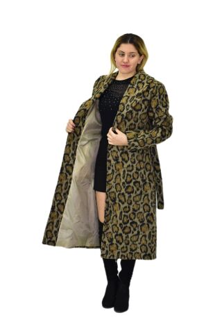 Kadın Leopar Desenli Uzun Kaşe Kaban BGL-ST04064 HAKİ - L