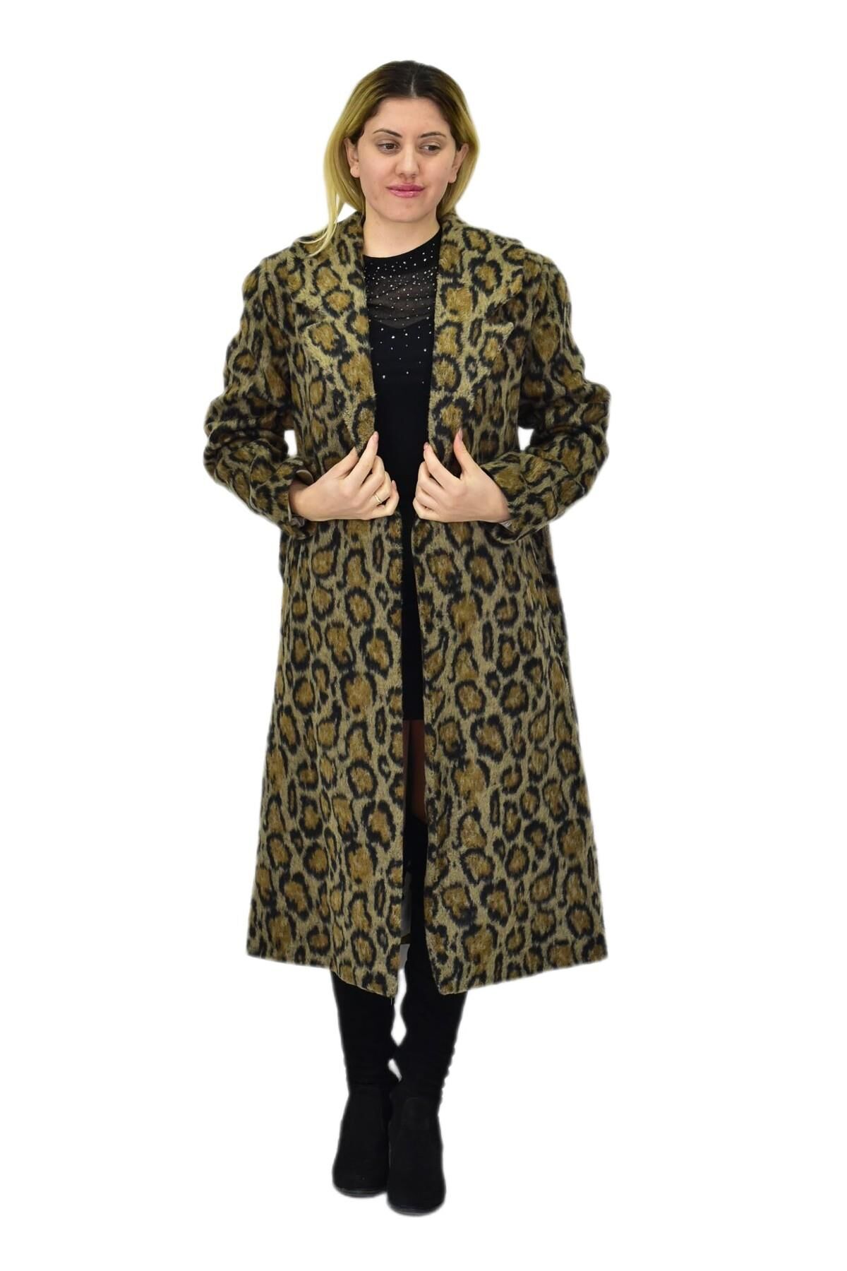 Kadın Leopar Desenli Uzun Kaşe Kaban BGL-ST04064 HAKİ - L