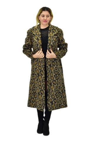 Kadın Leopar Desenli Uzun Kaşe Kaban BGL-ST04064 HAKİ - L