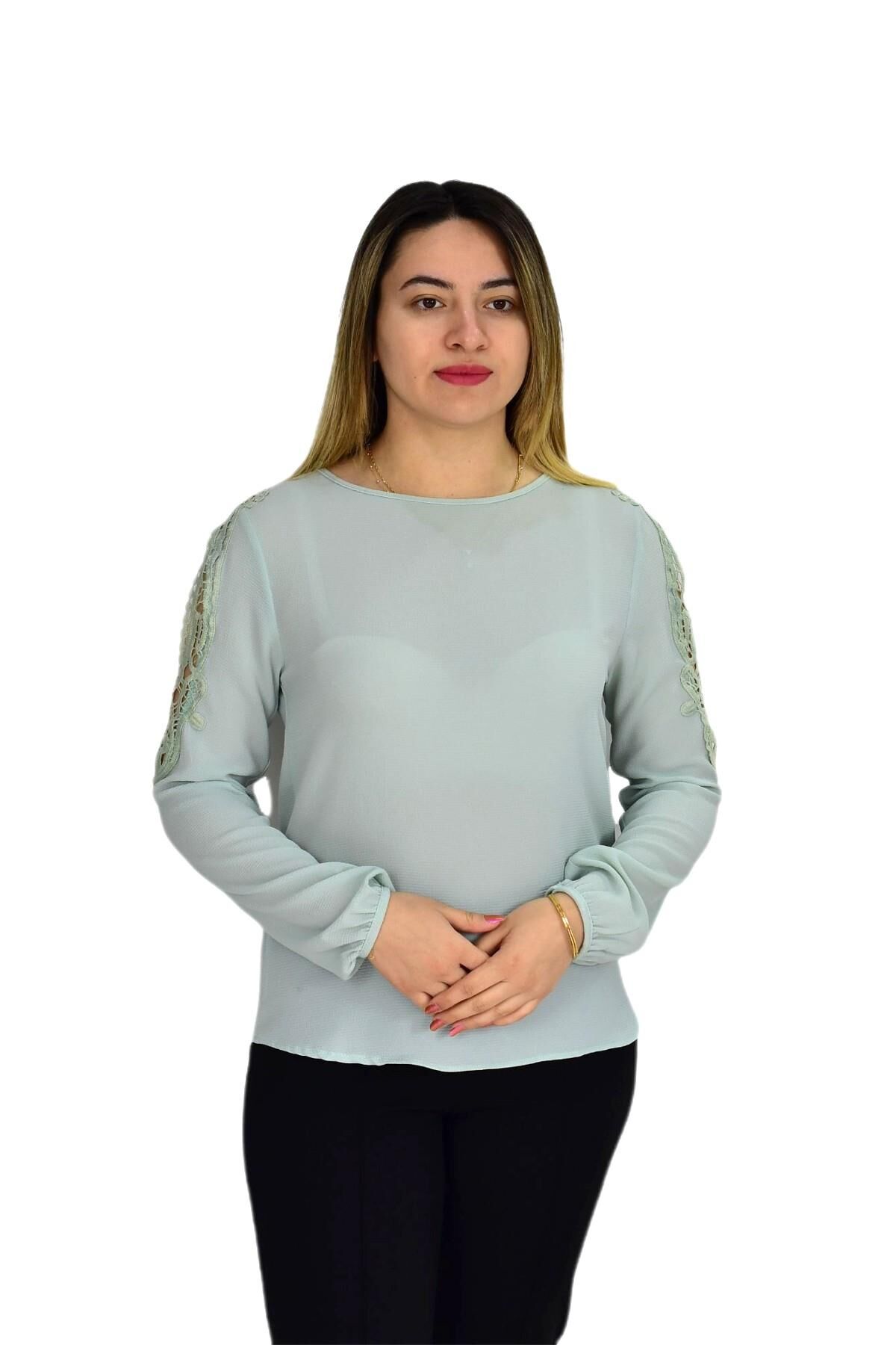 Kadın Kol Güpürlü Bluz Ry-17570 YEŞİL - 40