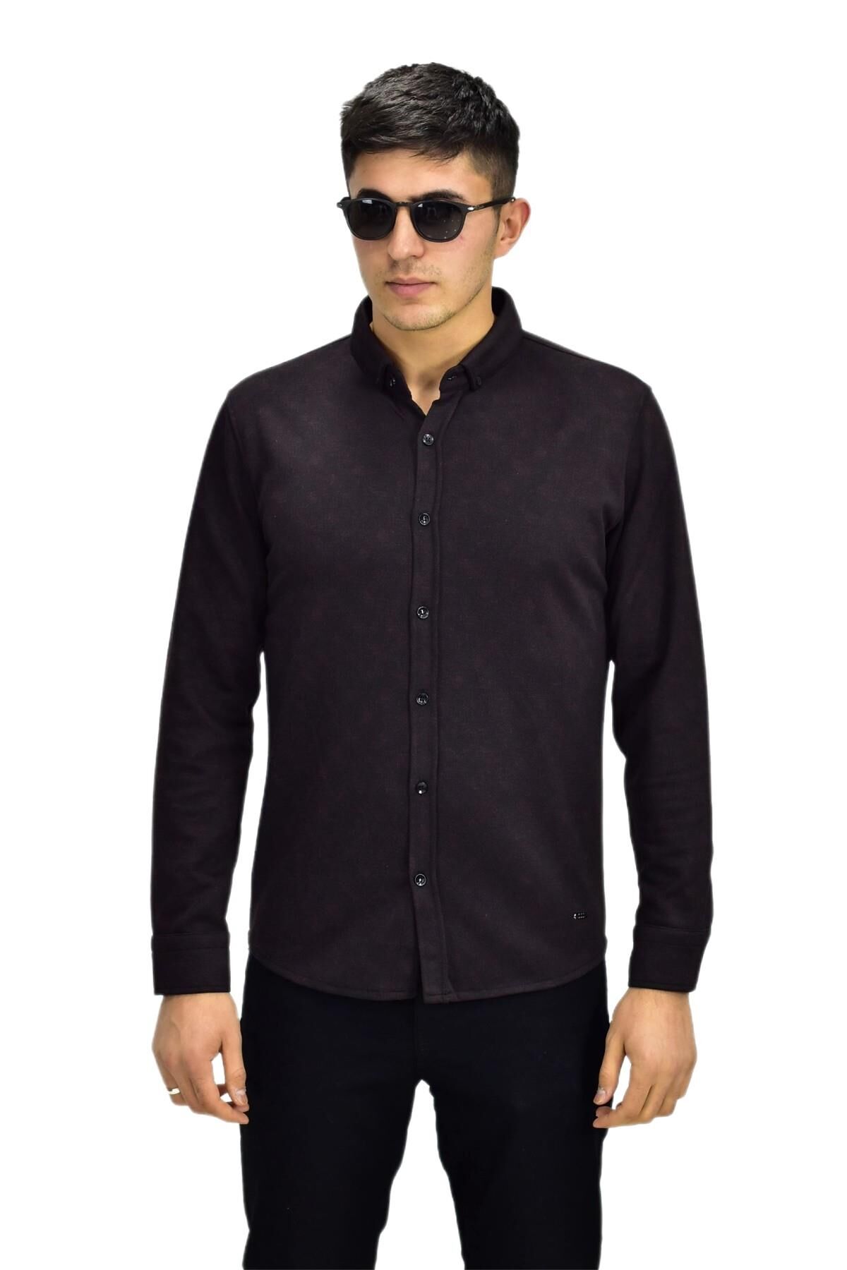 Erkek Spor Jakarlı Uzun Kol Gömlek R6520 BGL-ST03204 BORDO - L