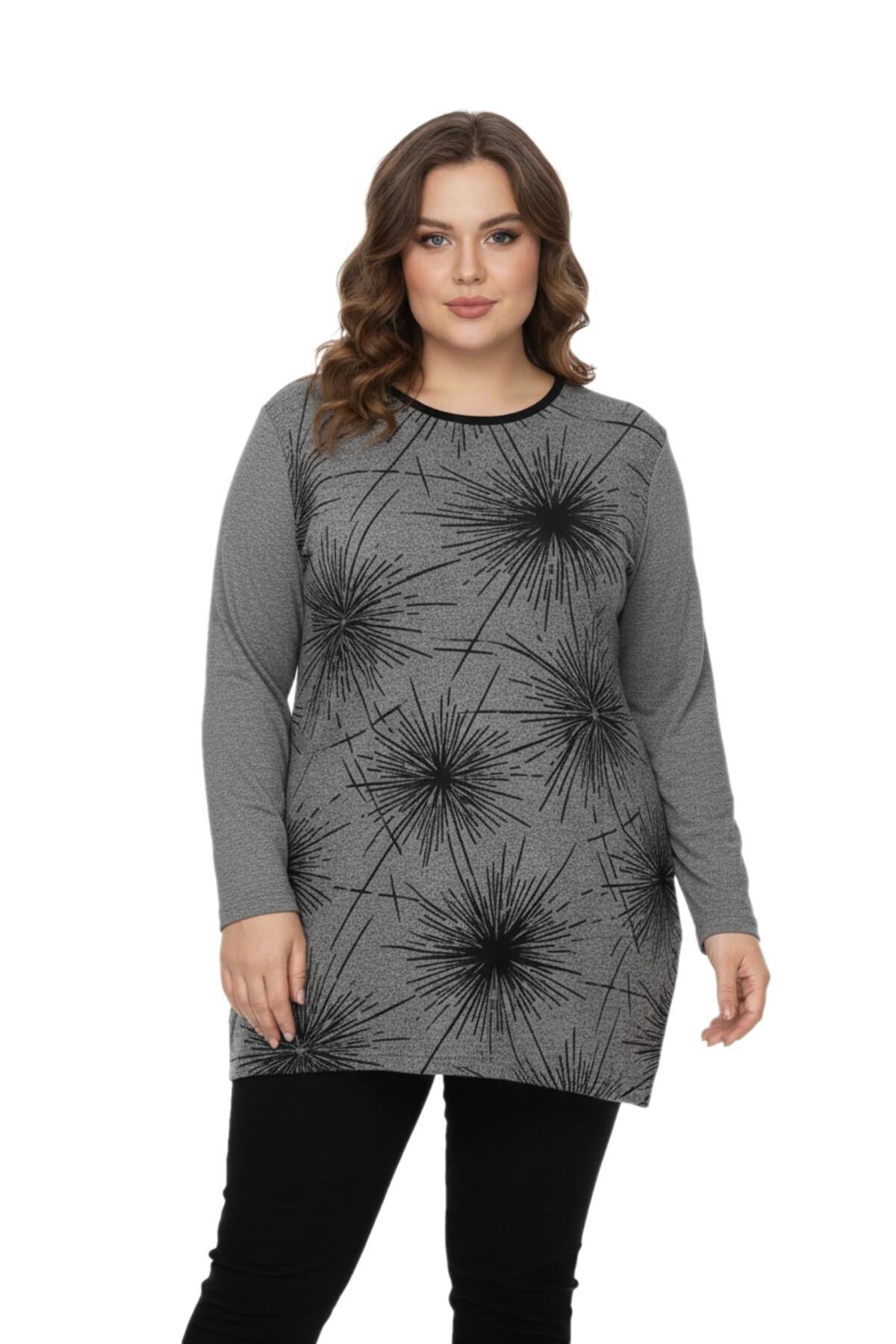 Kadın Yumoş Taşlı Baskılı Tunik BGL-ST05071 GRİ - XL