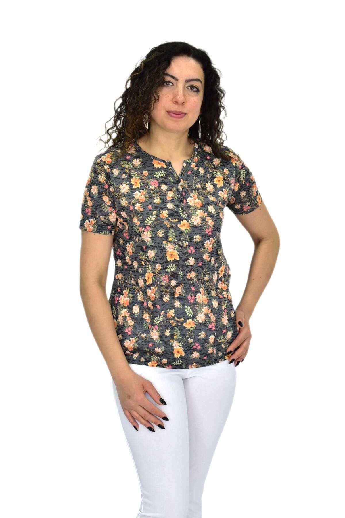 Kadın Kısa Kol Baskılı Bluz BGL-ST04698 FÜME - 3XL