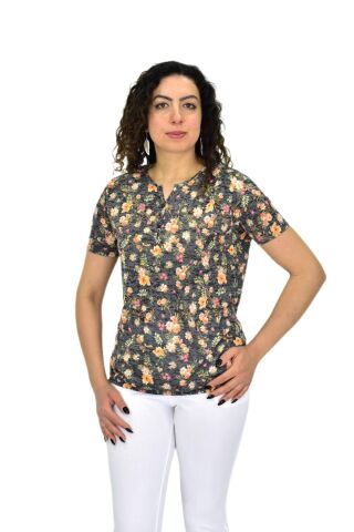Kadın Kısa Kol Baskılı Bluz BGL-ST04698 FÜME - 3XL