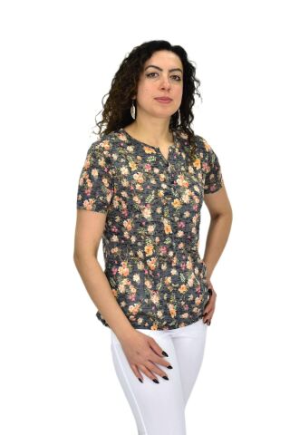 Kadın Kısa Kol Baskılı Bluz BGL-ST04698 FÜME - 3XL