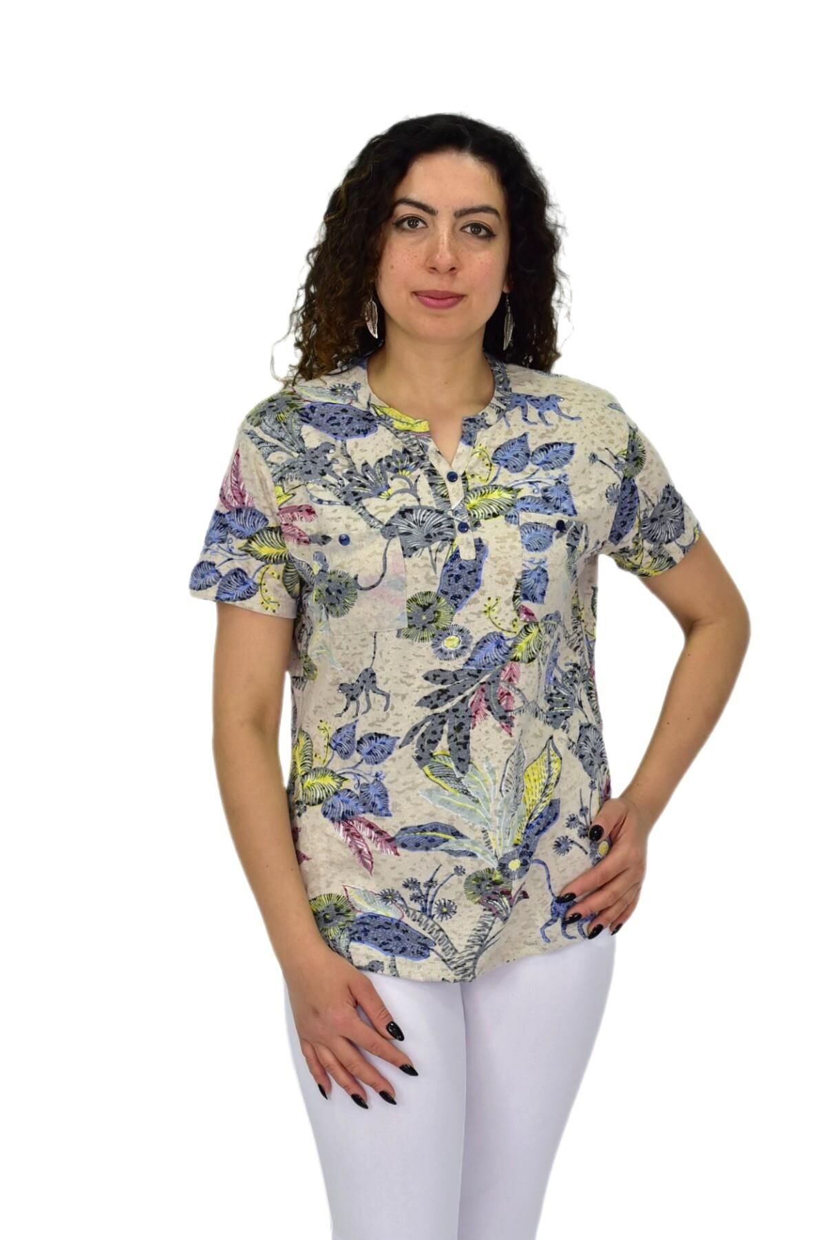 Kadın Kısa Kol Baskılı Cepli Bluz BGL-ST04699 TAŞ - M