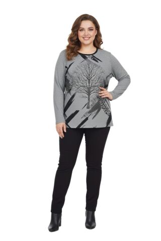 Kadın Yumoş Taşlı Baskılı Bluz BGL-ST05167 GRİ - XL