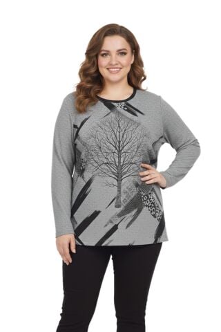 Kadın Yumoş Taşlı Baskılı Bluz BGL-ST05167 GRİ - XL