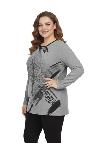 Kadın Yumoş Taşlı Baskılı Bluz BGL-ST05167 GRİ - XL