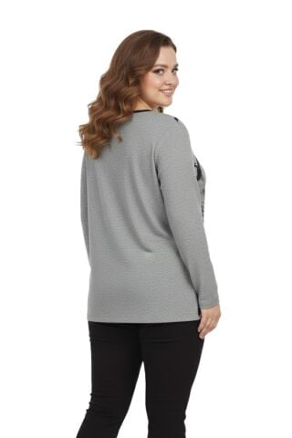 Kadın Yumoş Taşlı Baskılı Bluz BGL-ST05167 GRİ - XL